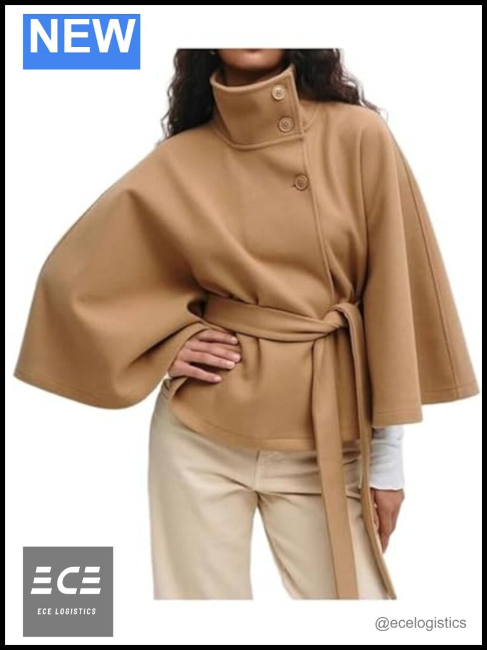 Wool Blend Batwing Sleeve Poncho Cape Coat Belted Button Winter Pea Coat